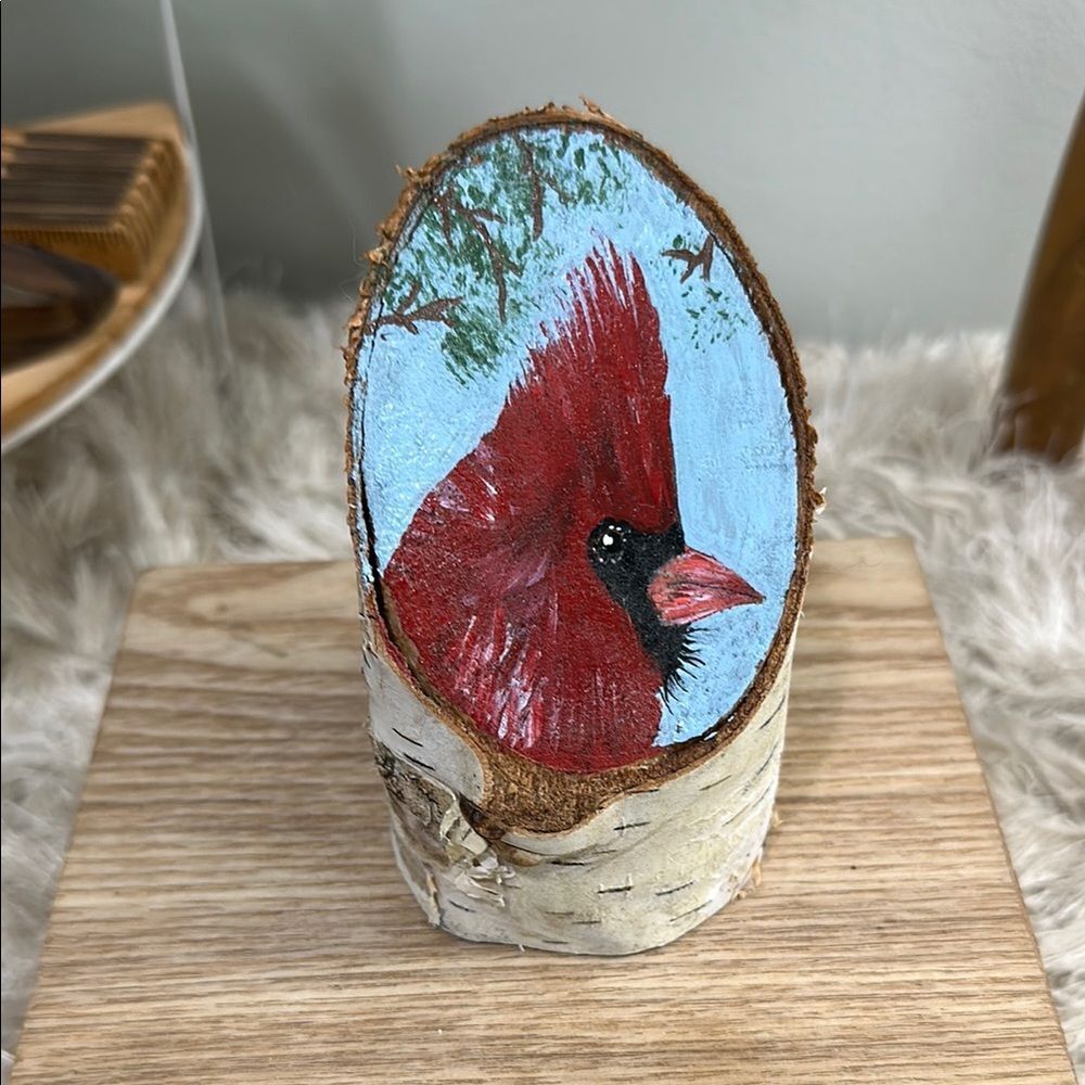 Hand Painted Cardinal On A Piece Of Birch Bark Rustic Cabin Decor Artist Signed